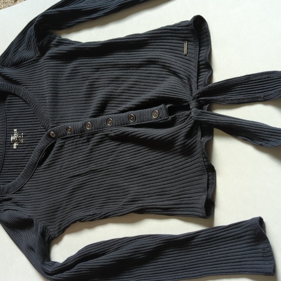 Hollister Ribbed V-Neck Button Down Top Long Sleeve Size Small Front Tie - Picture 5 of 5